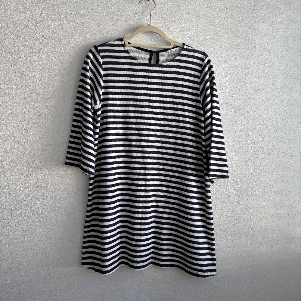 Zara Trafaluc Blue + White Striped Knit Cropped Bell Sleeve Sweater Mini Dress